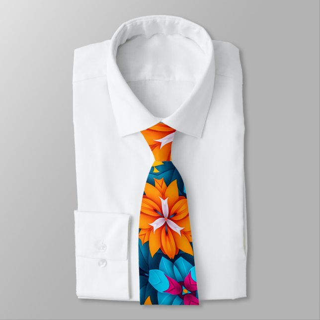 Blue and Orange Flowers Pattern Tie (Tied)