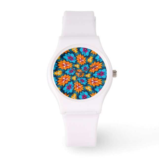 Blue and Orange Flowers Pattern Watch (Front)