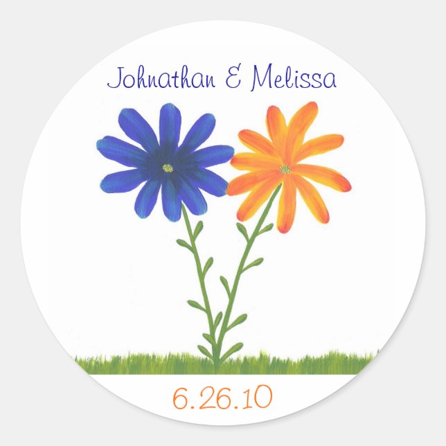 Blue and orange flowers, Save the date stickers (Front)