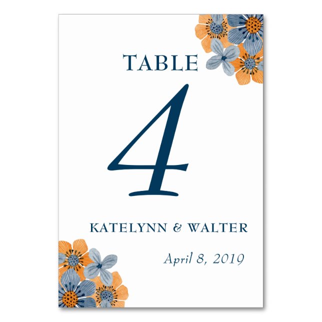 Blue and Orange Flowers Wedding Table Number (Front)