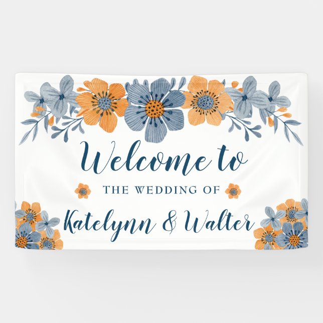 Blue and Orange Flowers Wedding Welcome Banner (Horizontal)