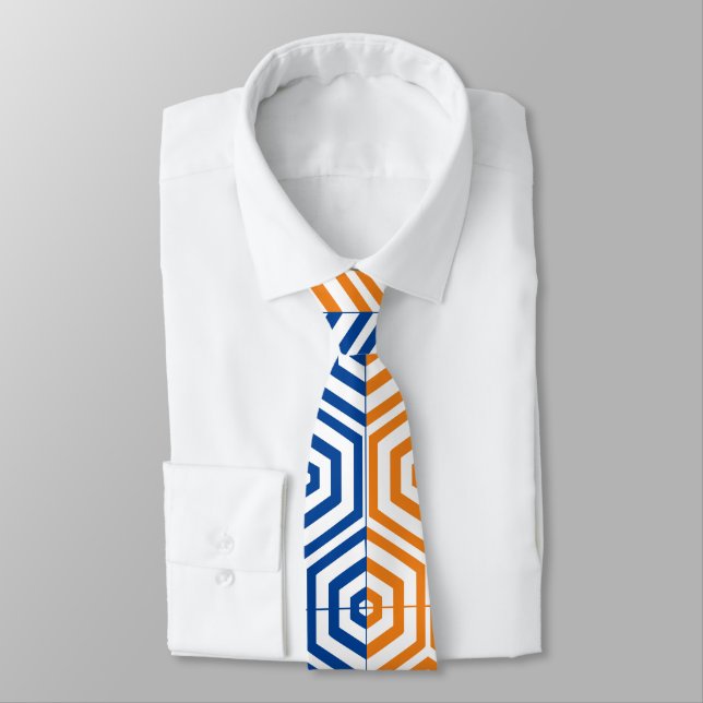 Blue and Orange Geometric Hexagons Unique Neck Tie (Tied)