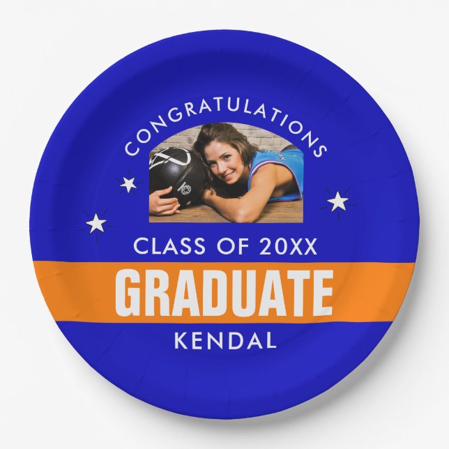 Blue and Orange Graduation Photo Custom Paper Plat Plate (Front)