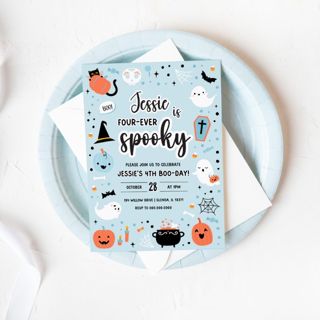 Blue and Orange Halloween 4th Birthday Invitation  (Blue and Orange Halloween 4th Birthday Invitation )