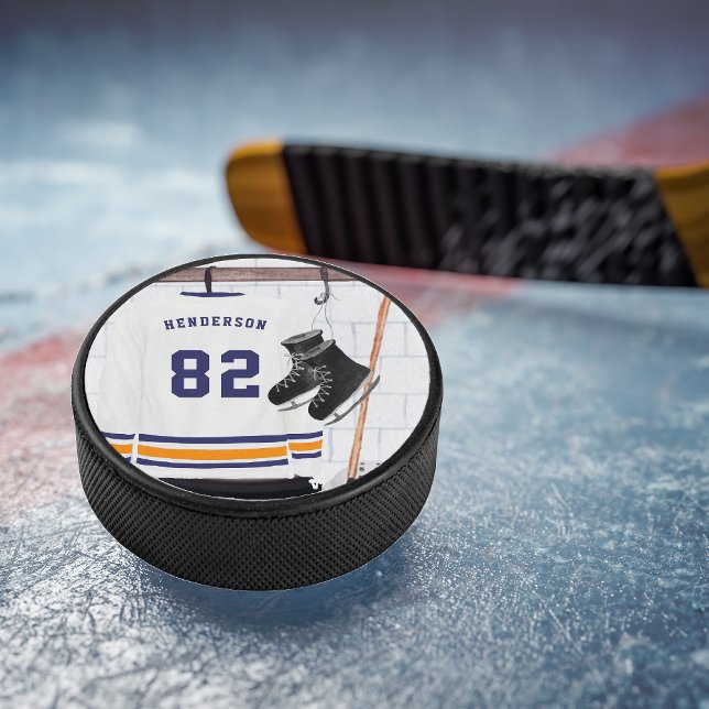 Blue and Orange Ice Hockey | Monogram Jersey Hockey Puck (Creator Uploaded)