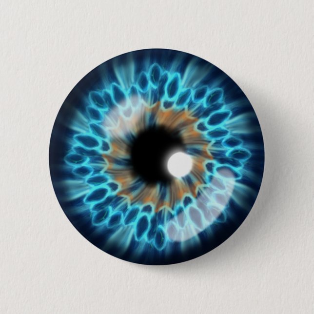 Blue and orange iris eyeball 6 cm round badge (Front)