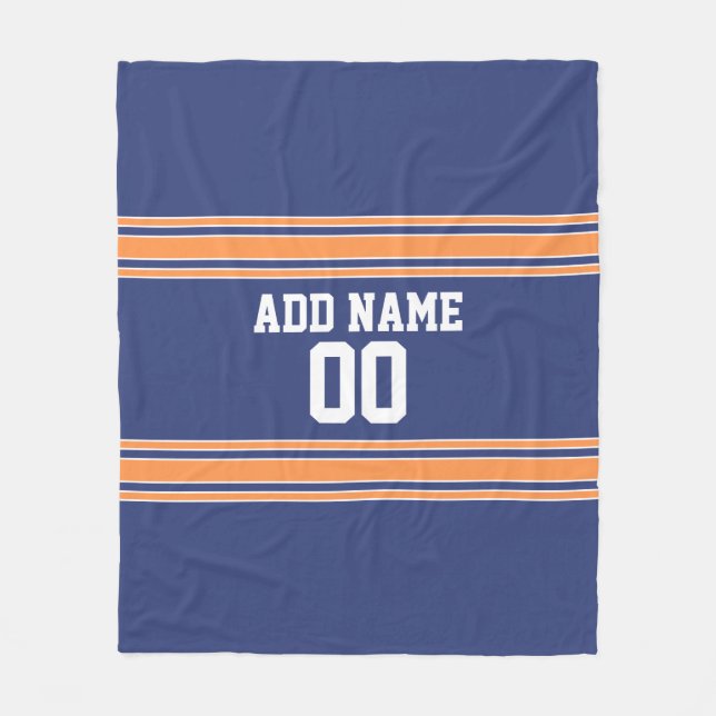 Blue and Orange Jersey Stripes Custom Name Number Fleece Blanket (Front)