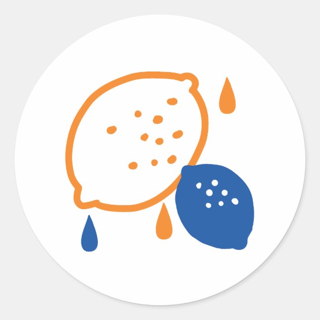 Blue and Orange Lemon Pattern Playful Fruit-Themed Classic Round Sticker (Front)