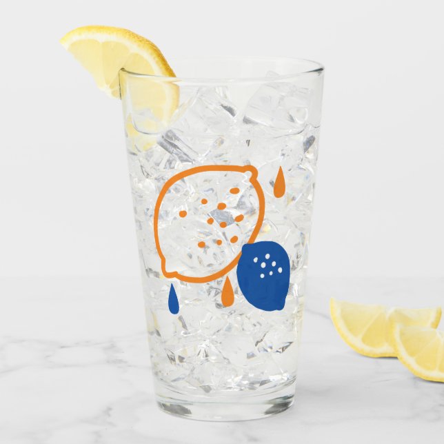 Blue and Orange Lemon Pattern Playful Fruit-Themed Glass (Front Ice)