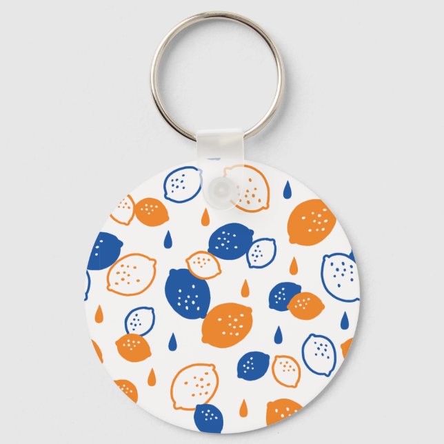 Blue and Orange Lemon Pattern Playful Fruit-Themed Key Ring (Front)