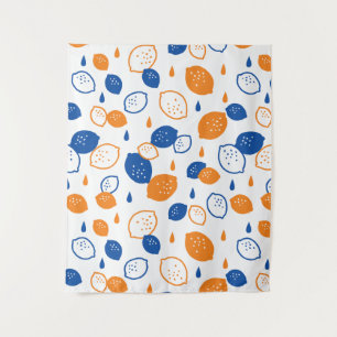 Blue and Orange Lemon Pattern Playful Fruit-Themed Tapestry