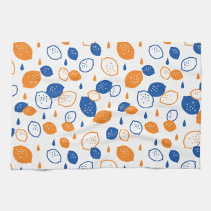Blue and Orange Lemon Pattern Playful Fruit-Themed Tea Towel