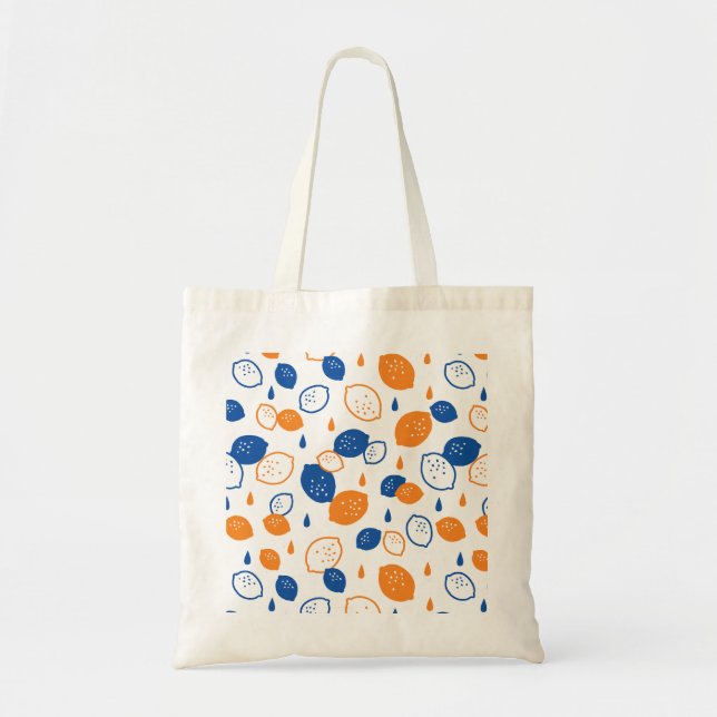 Blue and Orange Lemon Pattern Playful Fruit-Themed Tote Bag (Front)