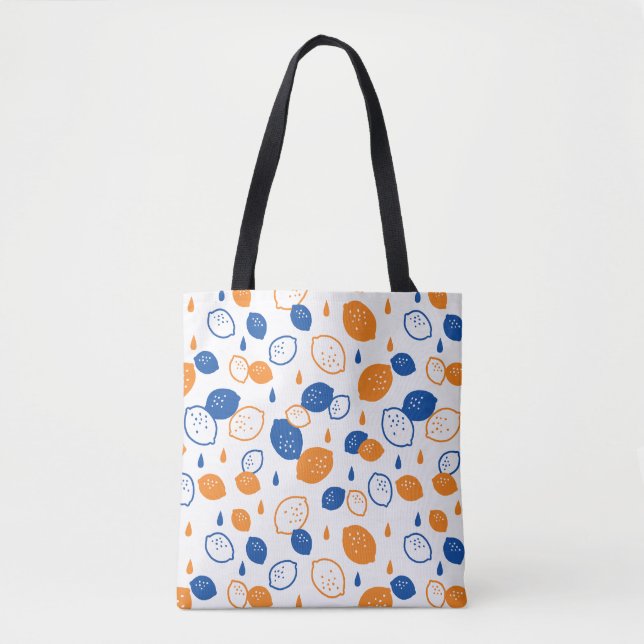 Blue and Orange Lemon Pattern Playful Fruit-Themed Tote Bag (Front)