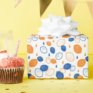 Blue and Orange Lemon Pattern Playful Fruit-Themed Wrapping Paper
