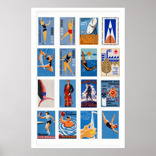 Blue and Orange Matchbox Label Collage, vibrant Poster (Front)