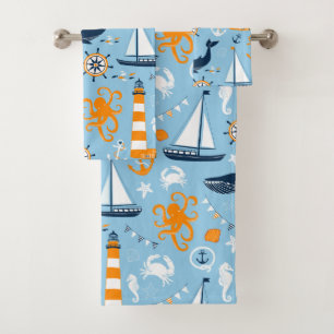 Blue and Orange Nautical Scene Pattern II Kids Bath Towel Set