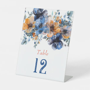 Blue and Orange Paint Floral Wedding Table Number Pedestal Sign