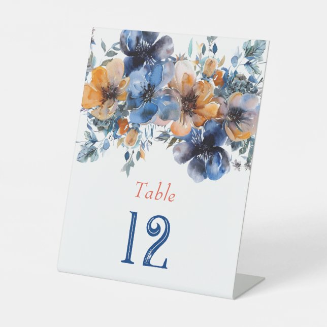 Blue and Orange Paint Floral Wedding Table Number Pedestal Sign (Front)
