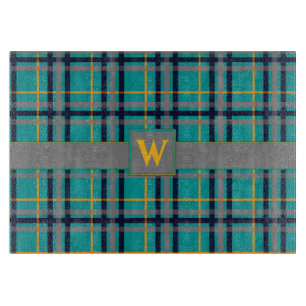 Blue and Orange Plaid Glass Cutting Board