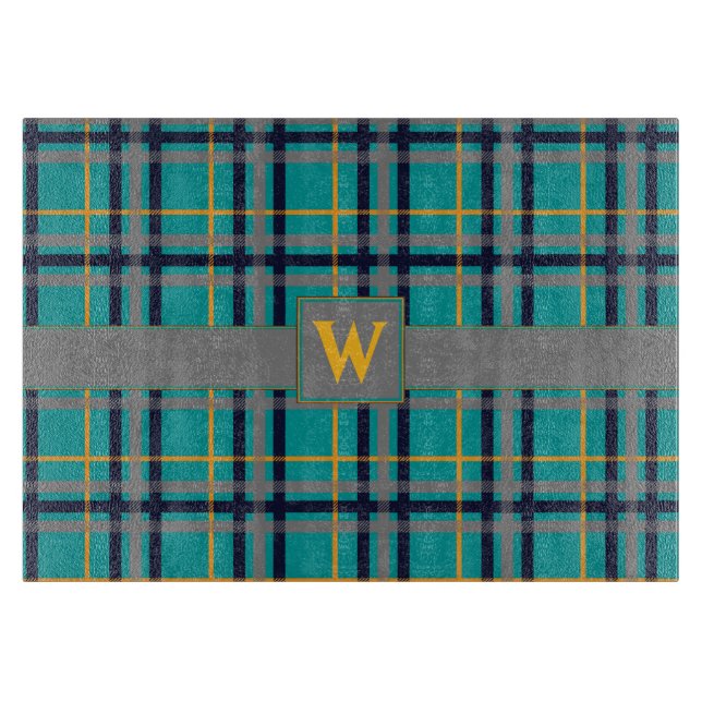 Blue and Orange Plaid Glass Cutting Board (Front)