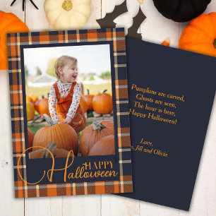 Blue And Orange Plaid Happy Halloween Photo Holiday Card