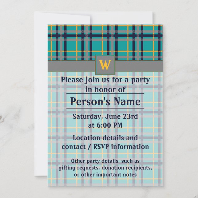 Blue and Orange Plaid Party Invitation (Front)