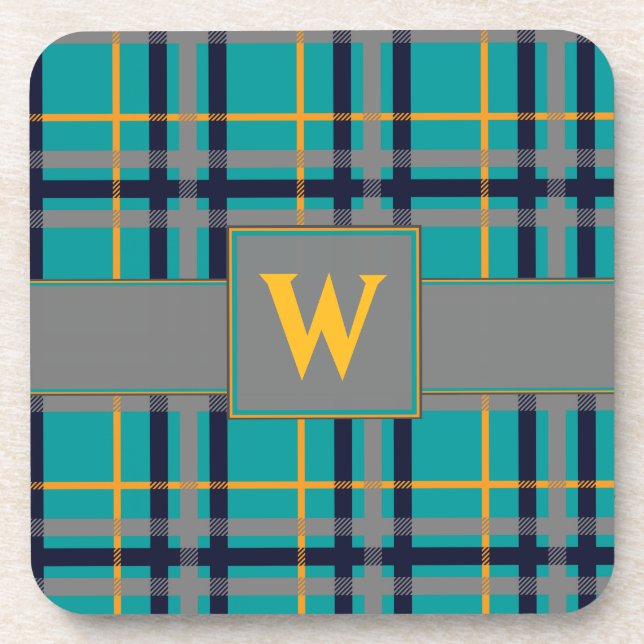 Blue and Orange Plaid Square Coaster (Front)