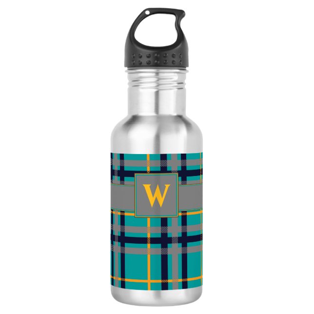 Blue and Orange Plaid Water Bottle (Front)