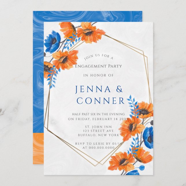 Blue and Orange Poppy Engagement Party Invitation (Front/Back)