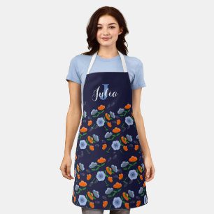 Blue and Orange Poppy Floral Apron