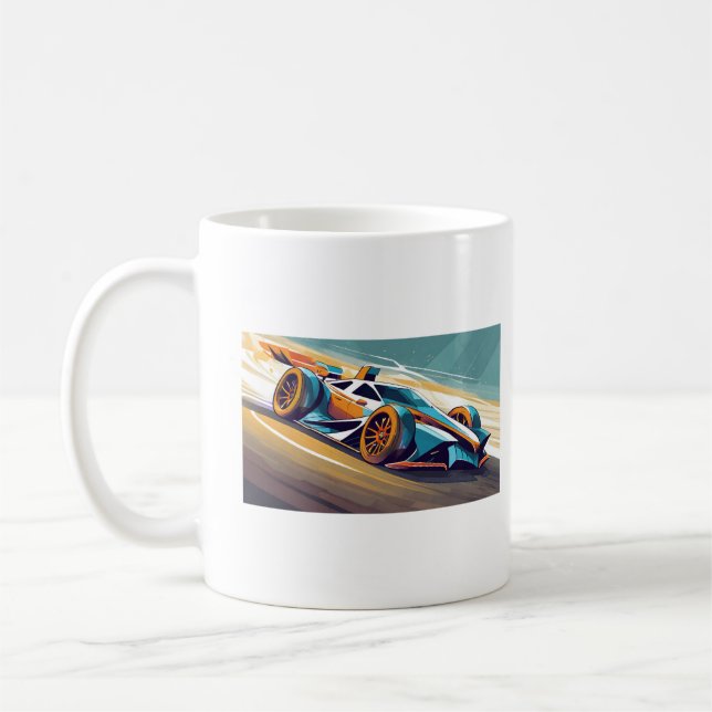 Blue and orange racing car on track  coffee mug (Left)