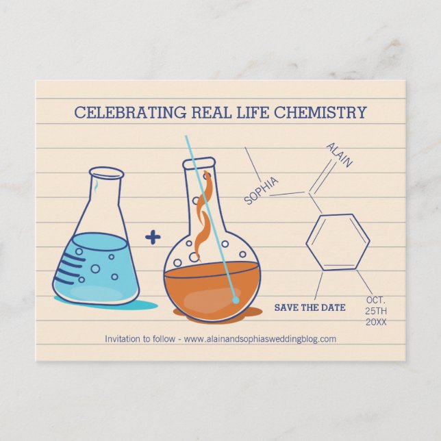Blue and Orange Save the Date Chemistry Postcards (Front)