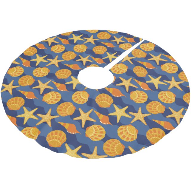 Blue And Orange Seashell Pattern Brushed Polyester Tree Skirt (Angled)