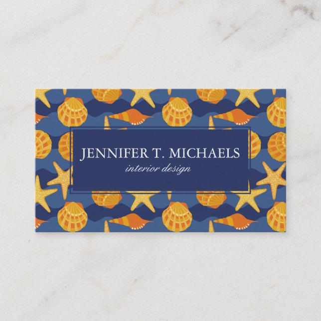 Blue And Orange Seashell Pattern Business Card (Front)