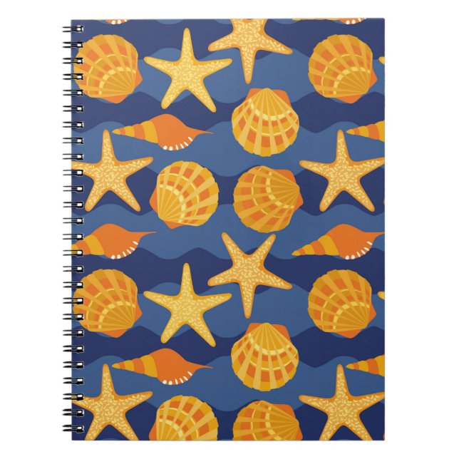 Blue And Orange Seashell Pattern Notebook (Front)