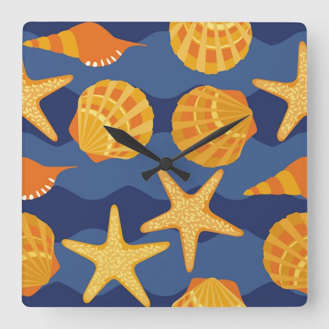 Blue And Orange Seashell Pattern Square Wall Clock (Front)