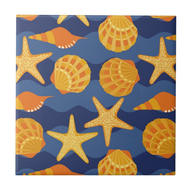 Blue And Orange Seashell Pattern Tile (Front)