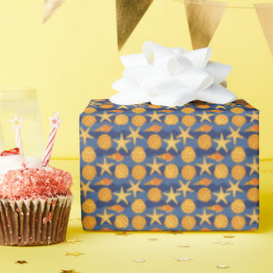 Blue And Orange Seashell Pattern Wrapping Paper