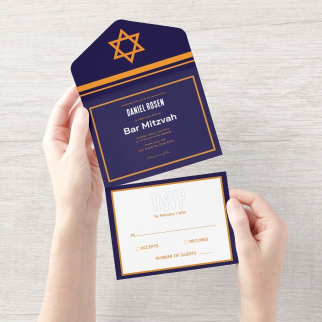 Blue and Orange Silver Foil Bar Mitzvah All In One Invitation (Tearaway)