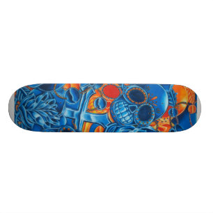 Blue and Orange Skulls Skateboard