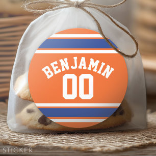 Blue and Orange Sports Jersey Custom Name Number Classic Round Sticker