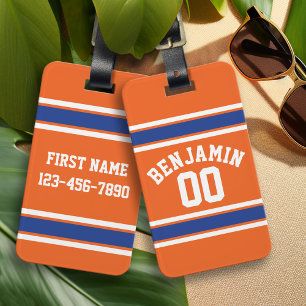 Blue and Orange Sports Jersey Custom Name Number Luggage Tag