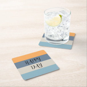 Blue and Orange Striped Happy Day Square Paper Coaster