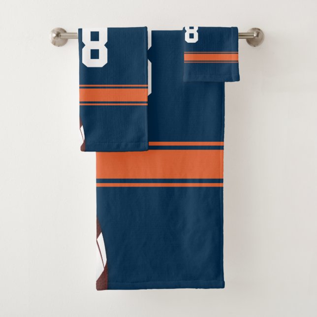 Blue and Orange Stripes Jersey Grid Iron Football Bath Towel Set (Insitu)