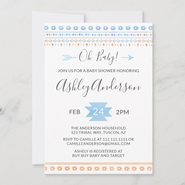 Blue and Orange Tribal Baby Shower Invitation (Front)