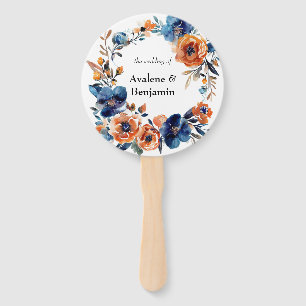 Blue and Orange Watercolor Floral Wedding Hand Fan