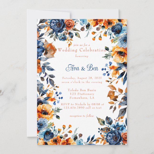 Blue and Orange Watercolor Floral Wedding  Invitation (Front)