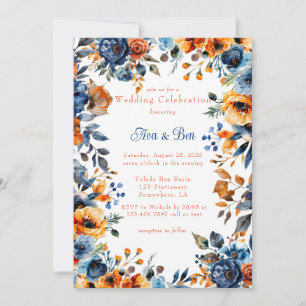 Blue and Orange Watercolor Floral Wedding  Invitation