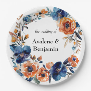 Blue and Orange Watercolor Floral Wedding Paper Plate